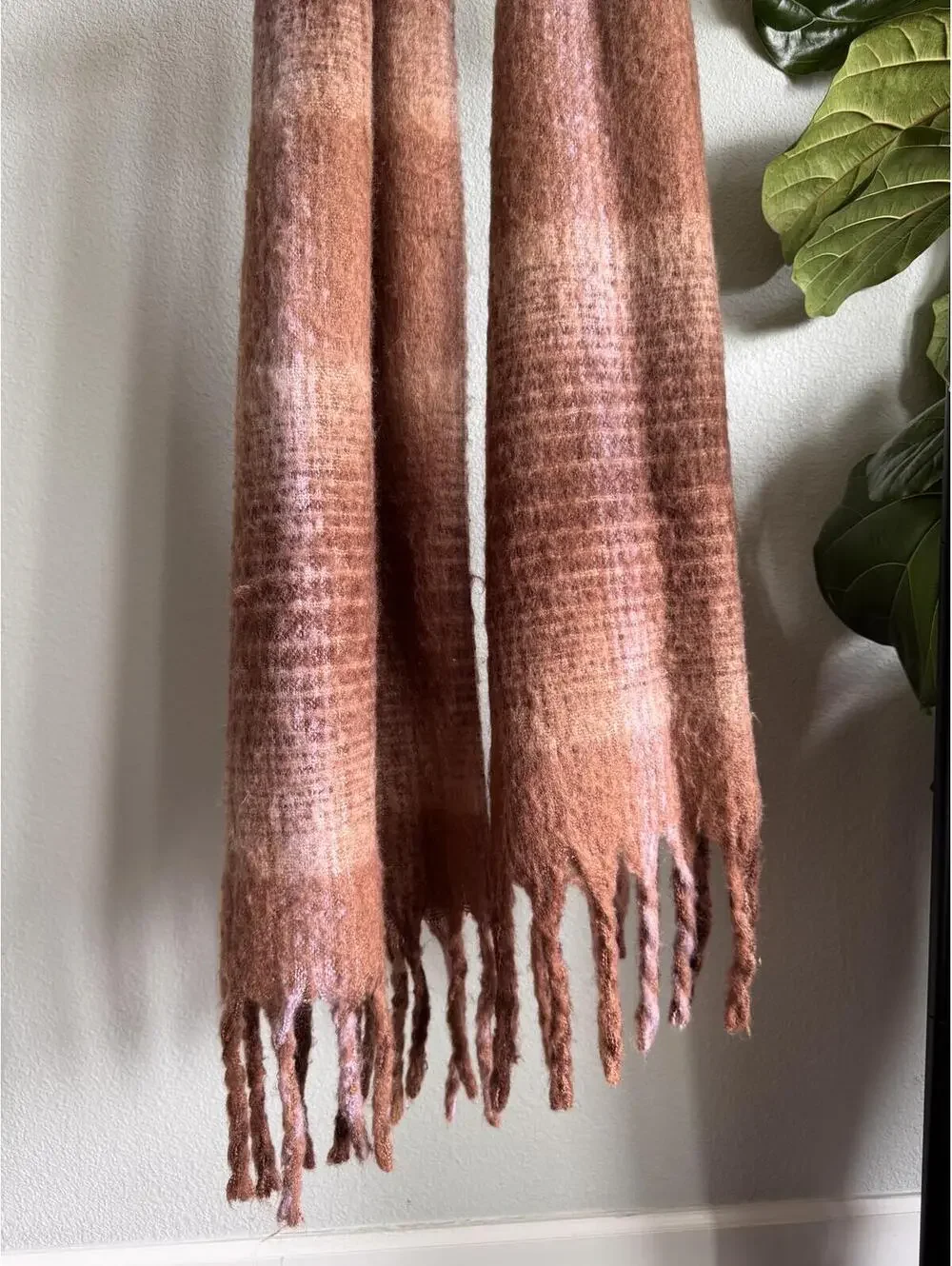 Steve Madden Brown Pink Plaid Fringe Scarf Soft Fuzzy Winter Wrap One Size